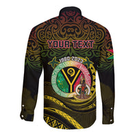 Black long sleeve button shirt with back YOUR TEXT and Vanuatu crest graphic