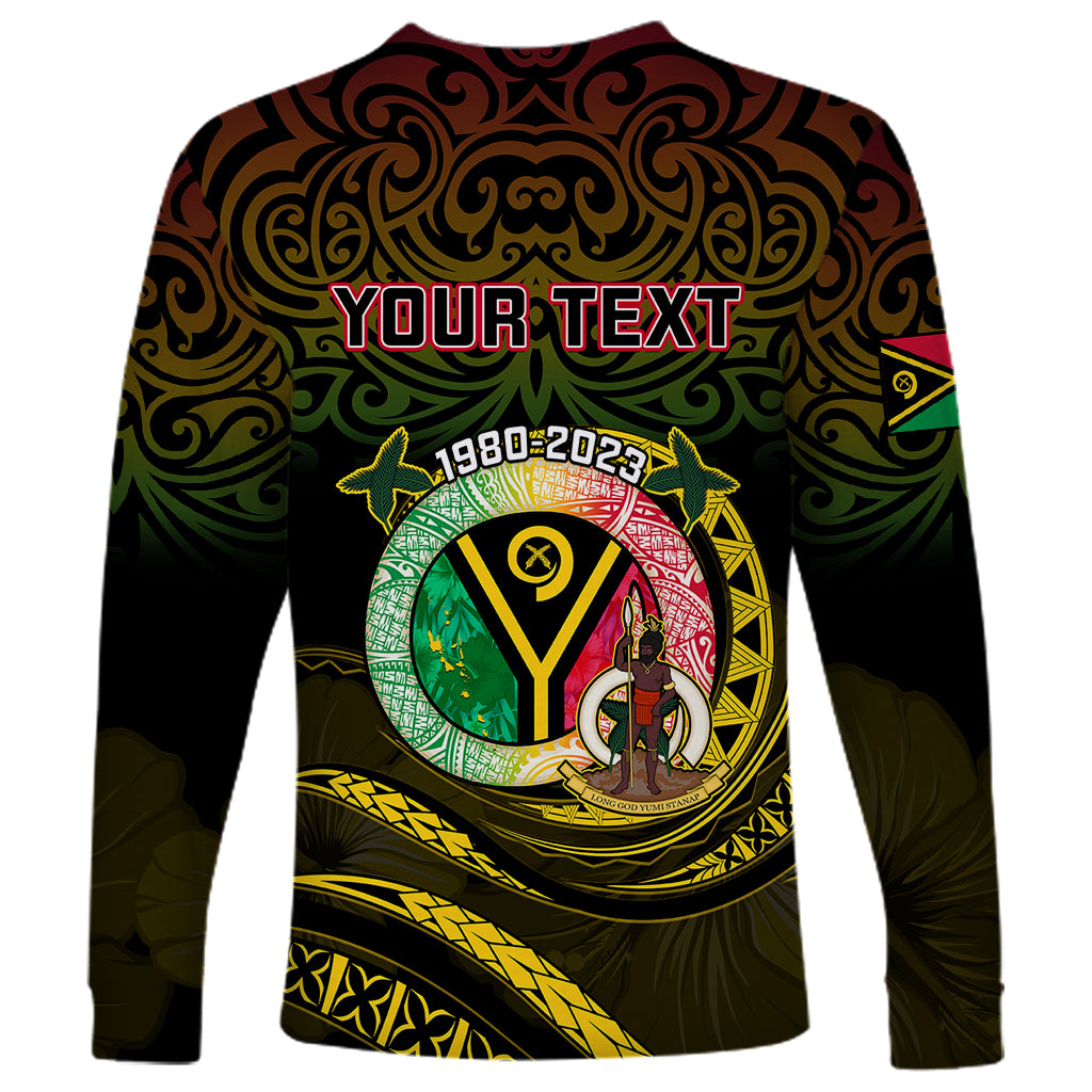 Black long-sleeve shirt with 'YOUR TEXT' and circular emblem front print