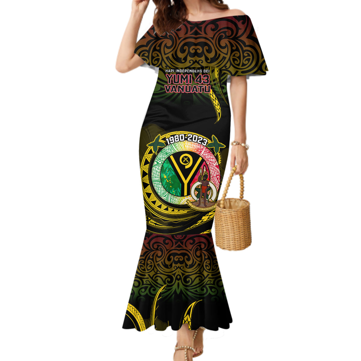 Personalised Vanuatu Mermaid Dress Yumi 43 Hapi Independens Dei Black Version - Wonder Print Shop