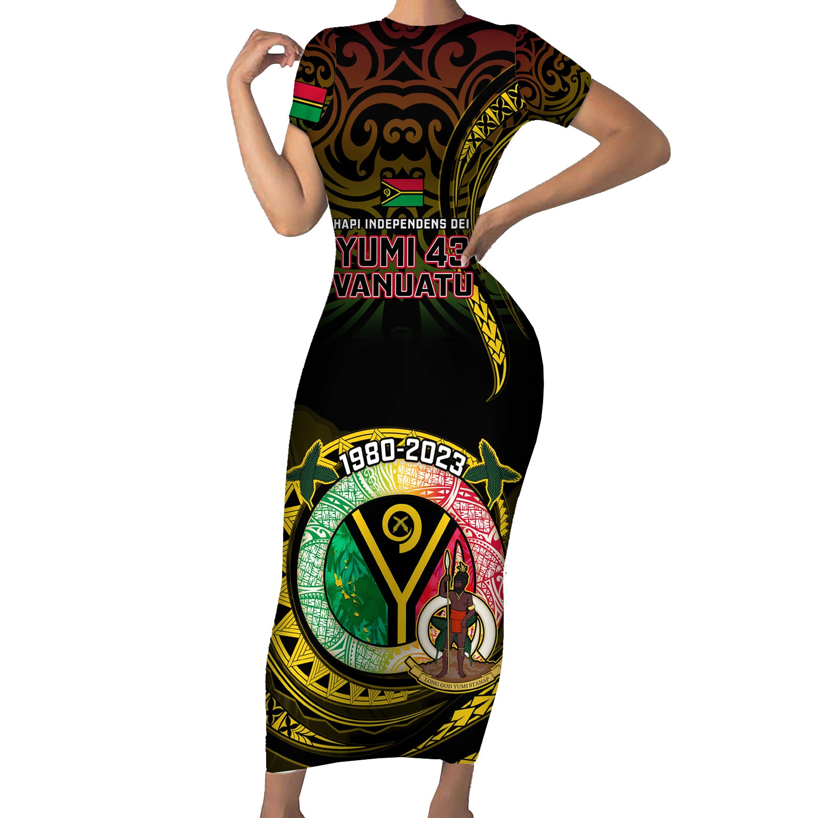 Personalised Vanuatu Short Sleeve Bodycon Dress Yumi 43 Hapi Independens Dei Black Version - Wonder Print Shop