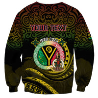 Black crewneck sweatshirt with customizable 'YOUR TEXT' emblem graphic