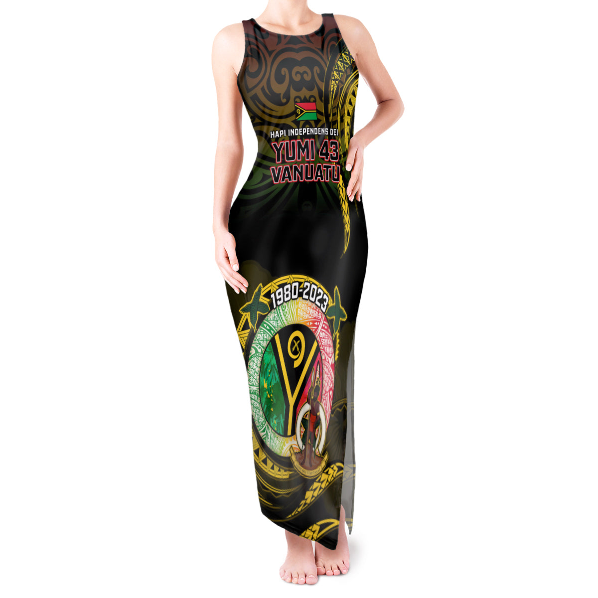 Personalised Vanuatu Tank Maxi Dress Yumi 43 Hapi Independens Dei Black Version - Wonder Print Shop