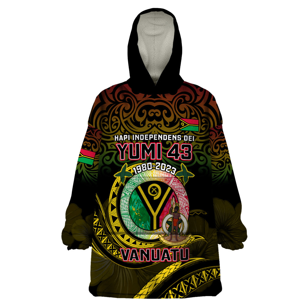 Personalised Vanuatu Wearable Blanket Hoodie Yumi 43 Hapi Independens Dei Black Version - Wonder Print Shop