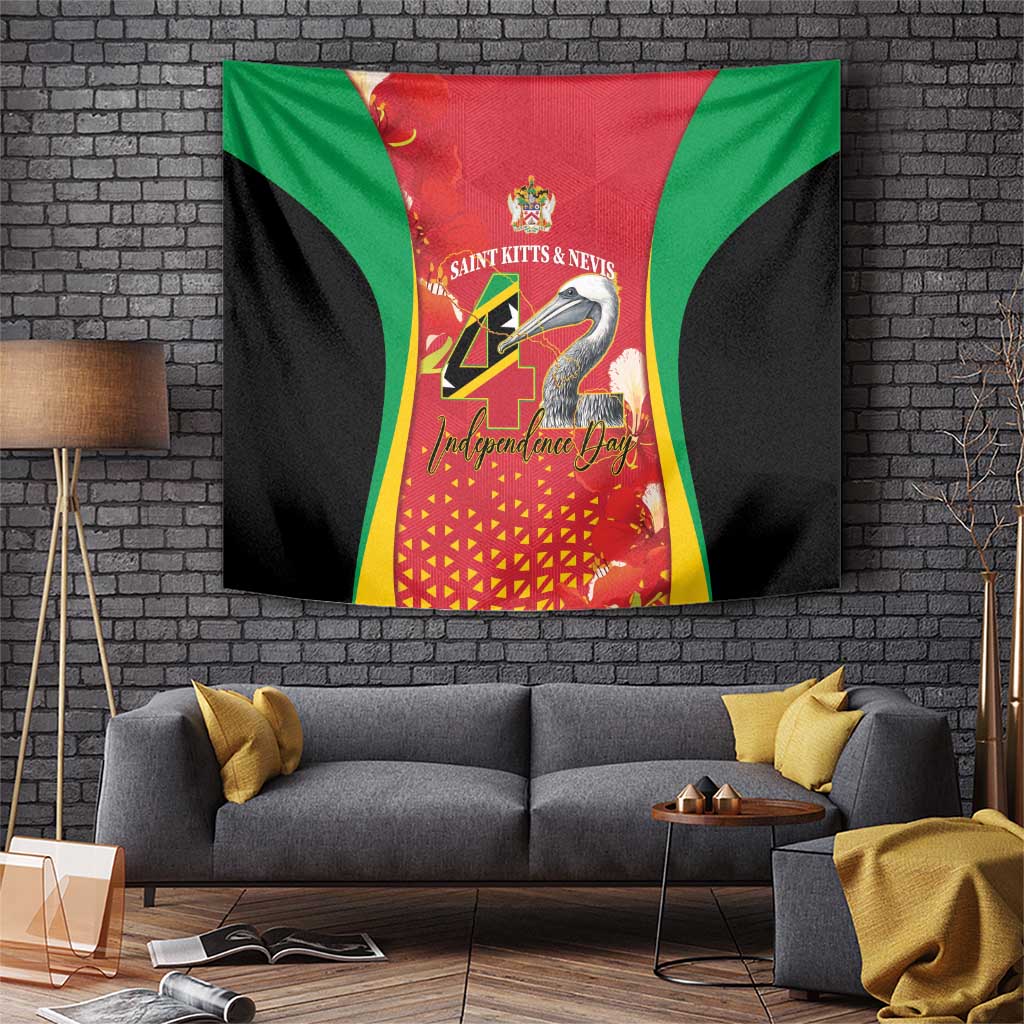 Red Saint Kitts and Nevis independence tapestry with pelican and crest design