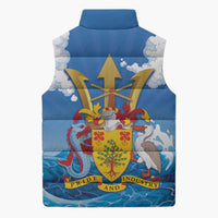Blue sleeveless puffer jacket with back emblem, coat of arms, and sailboat graphic