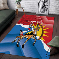 Personalized area rug with deer-and-flag graphic, red top and blue bottom, 'Your Text'