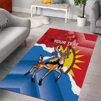 Personalized area rug with red top, blue bottom, deer on flag, 'Your Text'