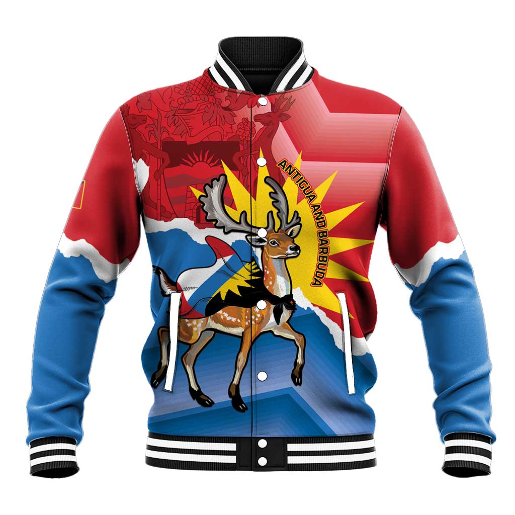 Red baseball jacket with blue sleeves, striped ribbed collar, front buttoned crest graphic