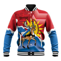 Red baseball jacket with blue sleeves, striped ribbed collar, front buttoned crest graphic