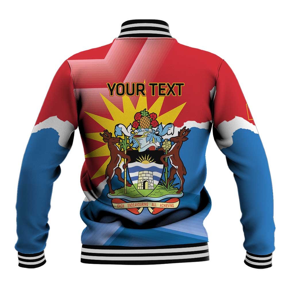 Red baseball jacket with blue sleeves, striped ribbed collar, full back crest graphic