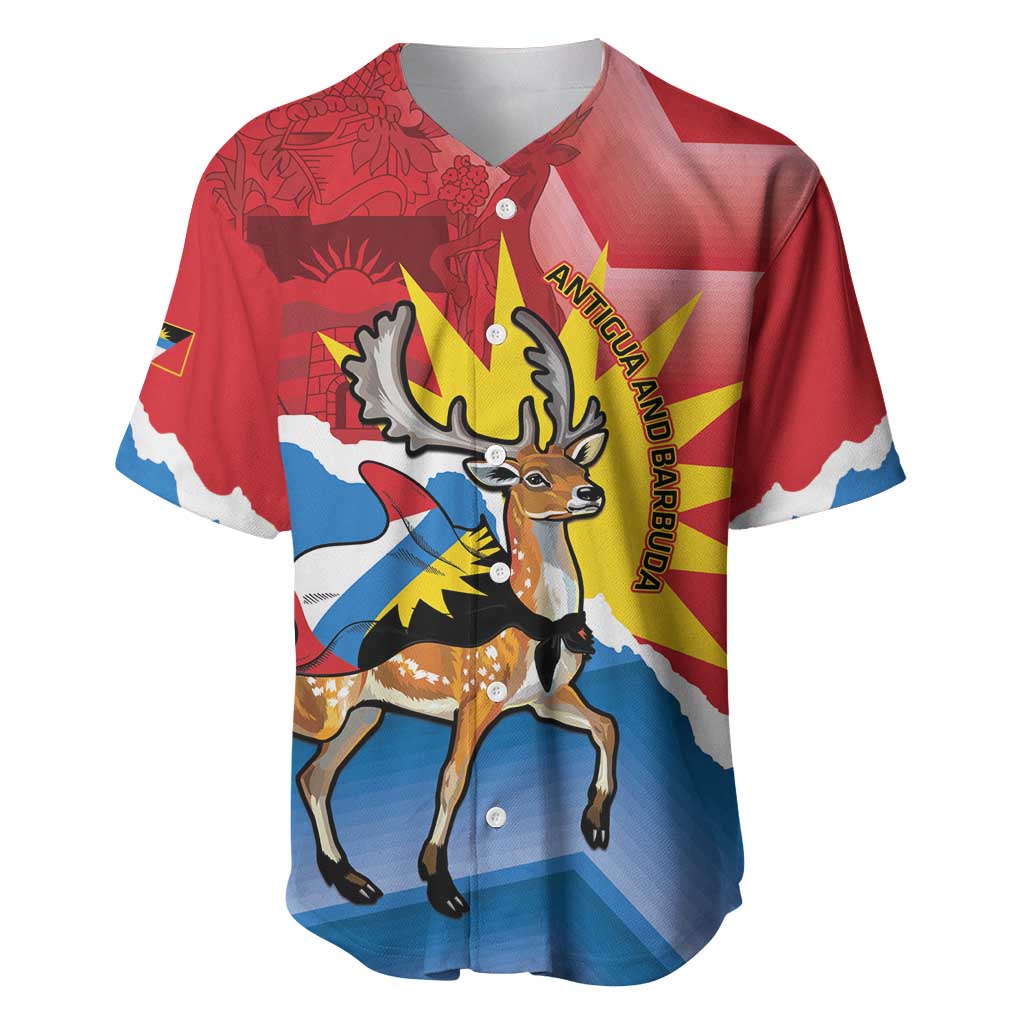 Red baseball jersey with deer graphic and Antigua and Barbuda text