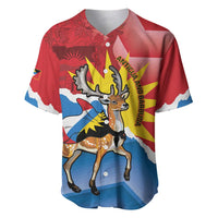 Red baseball jersey with deer graphic and Antigua and Barbuda text