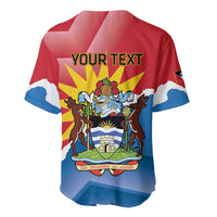 Red baseball jersey back with “YOUR TEXT” and national crest