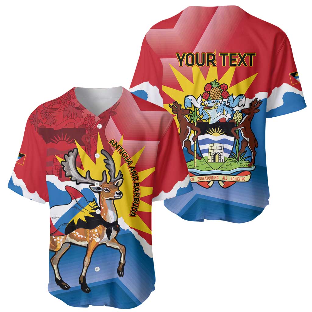 Red baseball jersey showing deer front and back with “YOUR TEXT” crest