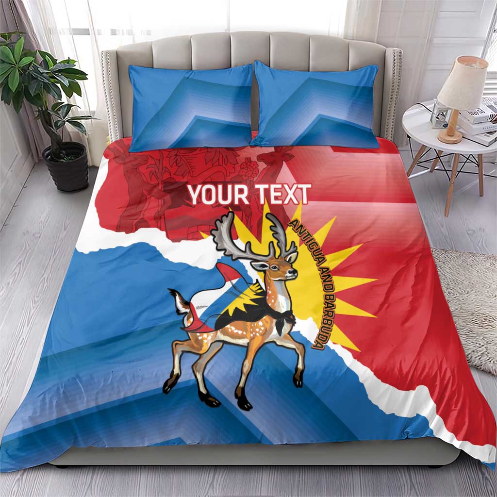 Duvet cover and pillow set with flag-style deer graphic and “Your Text”, red blue white