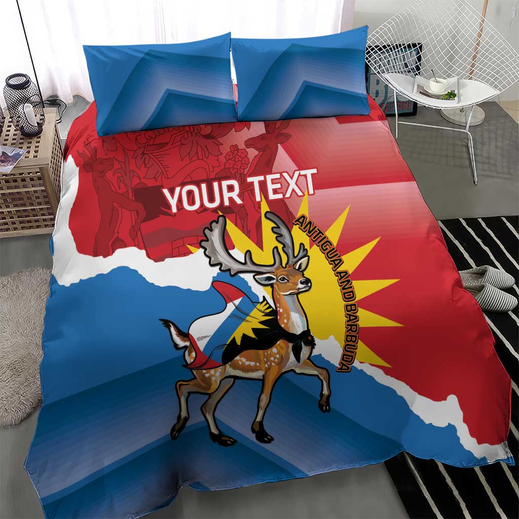 Duvet cover with flag-style deer graphic and “Your Text”, red blue and white