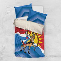 Duvet cover with flag-style deer graphic and “Your Text”, with two blue pillow covers