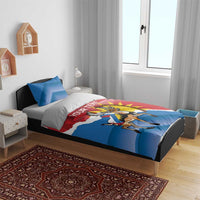 Bed duvet cover with deer flag graphic and “Your Text”, blue red and white