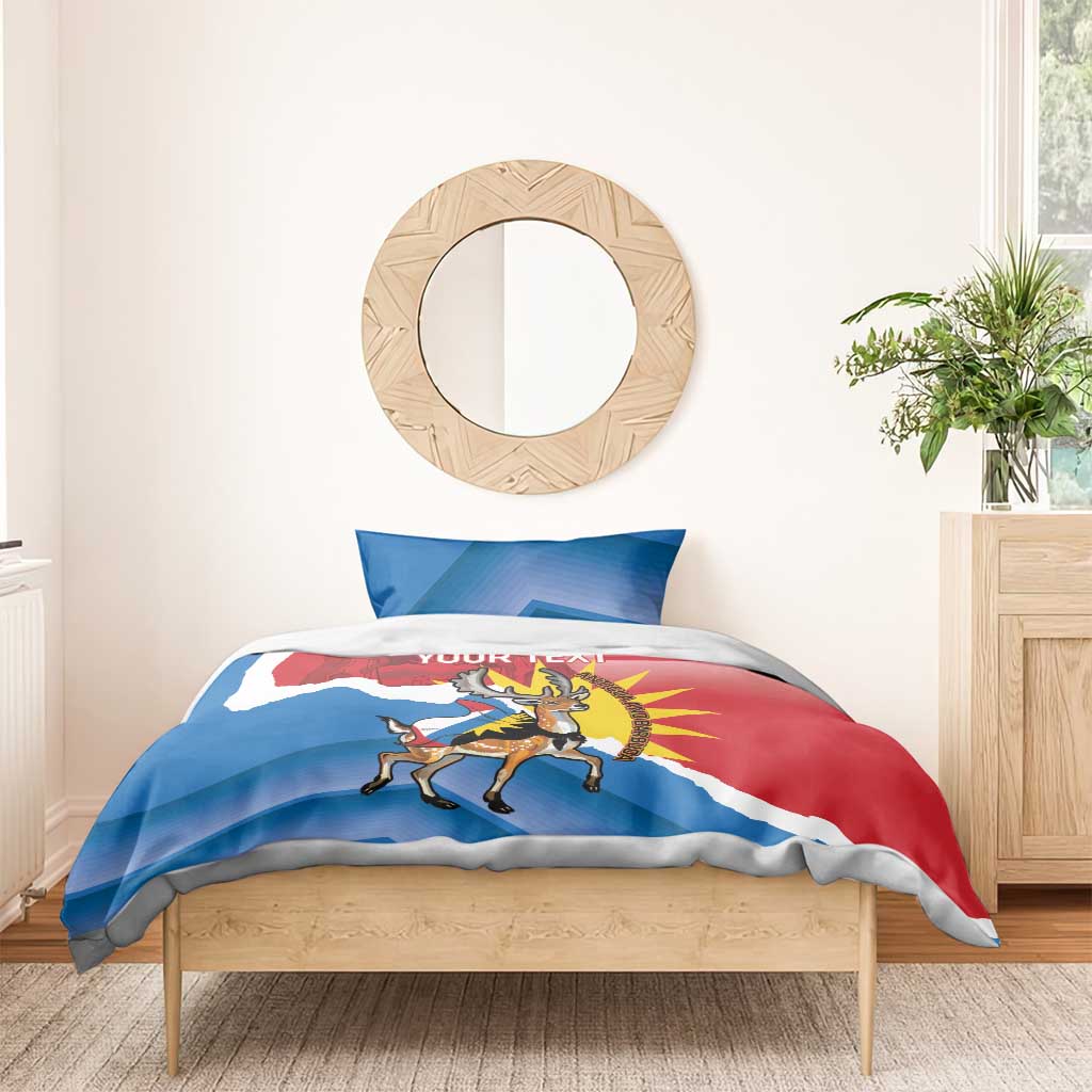 Flag-style duvet on bed with deer graphic and “Your Text”, red blue and white