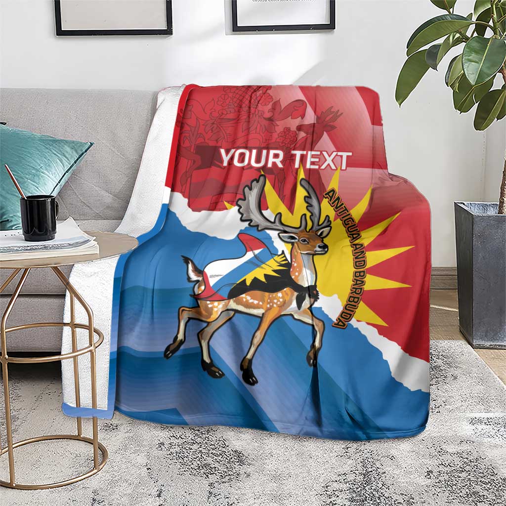 Independence Day flag blanket in red and blue with deer artwork and 'YOUR TEXT' area