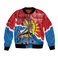 Red and blue bomber jacket with zip front, deer crest graphic, Antigua & Barbuda text