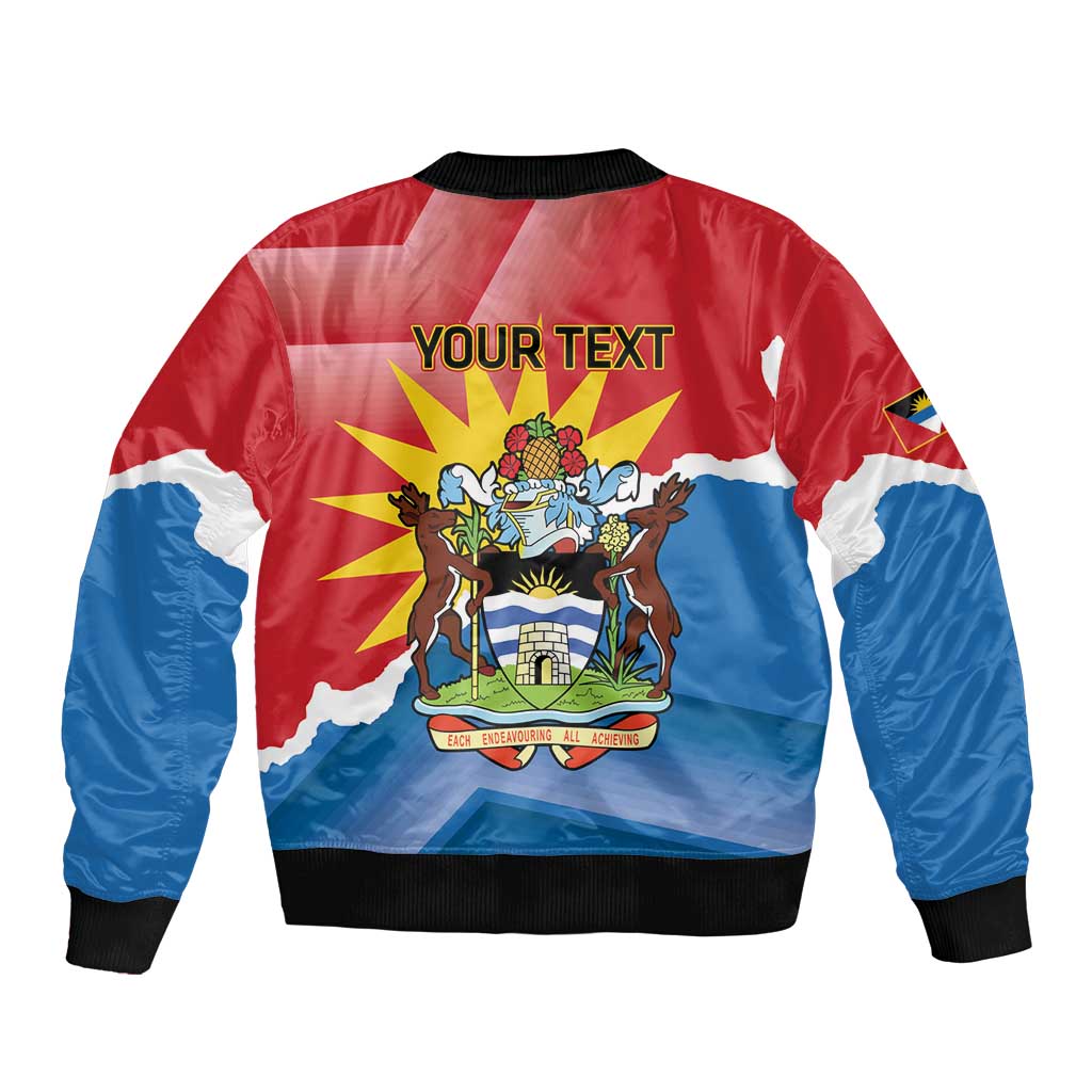Red and blue bomber jacket with black ribbed collar, back graphic and “YOUR TEXT”