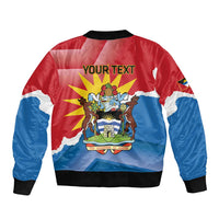 Red and blue bomber jacket with black ribbed collar, back graphic and “YOUR TEXT”