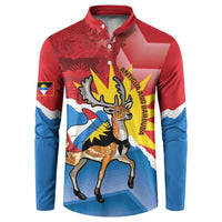 Red and blue button sweatshirt with Antigua flag design and antelope mascot on front.