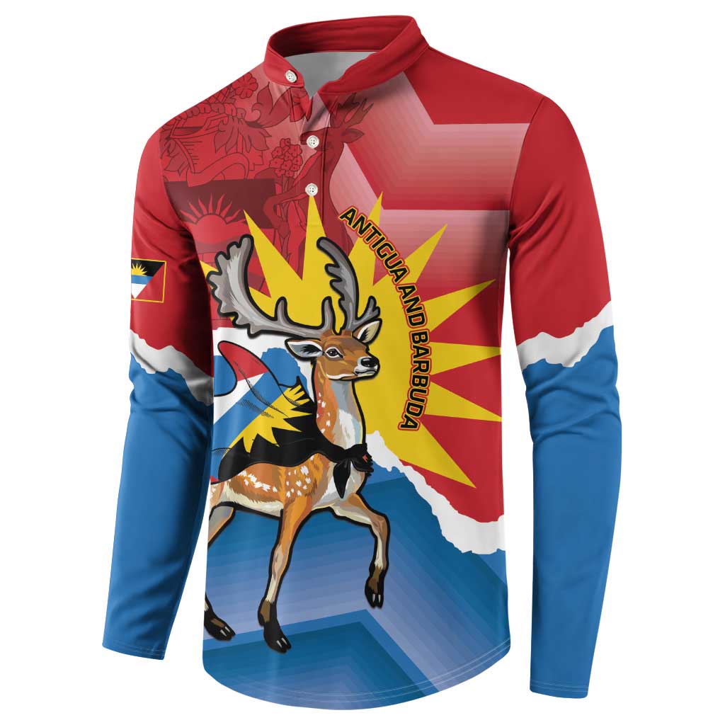 Red and blue long-sleeve button sweatshirt with Antigua flag graphic and antelope illustration.