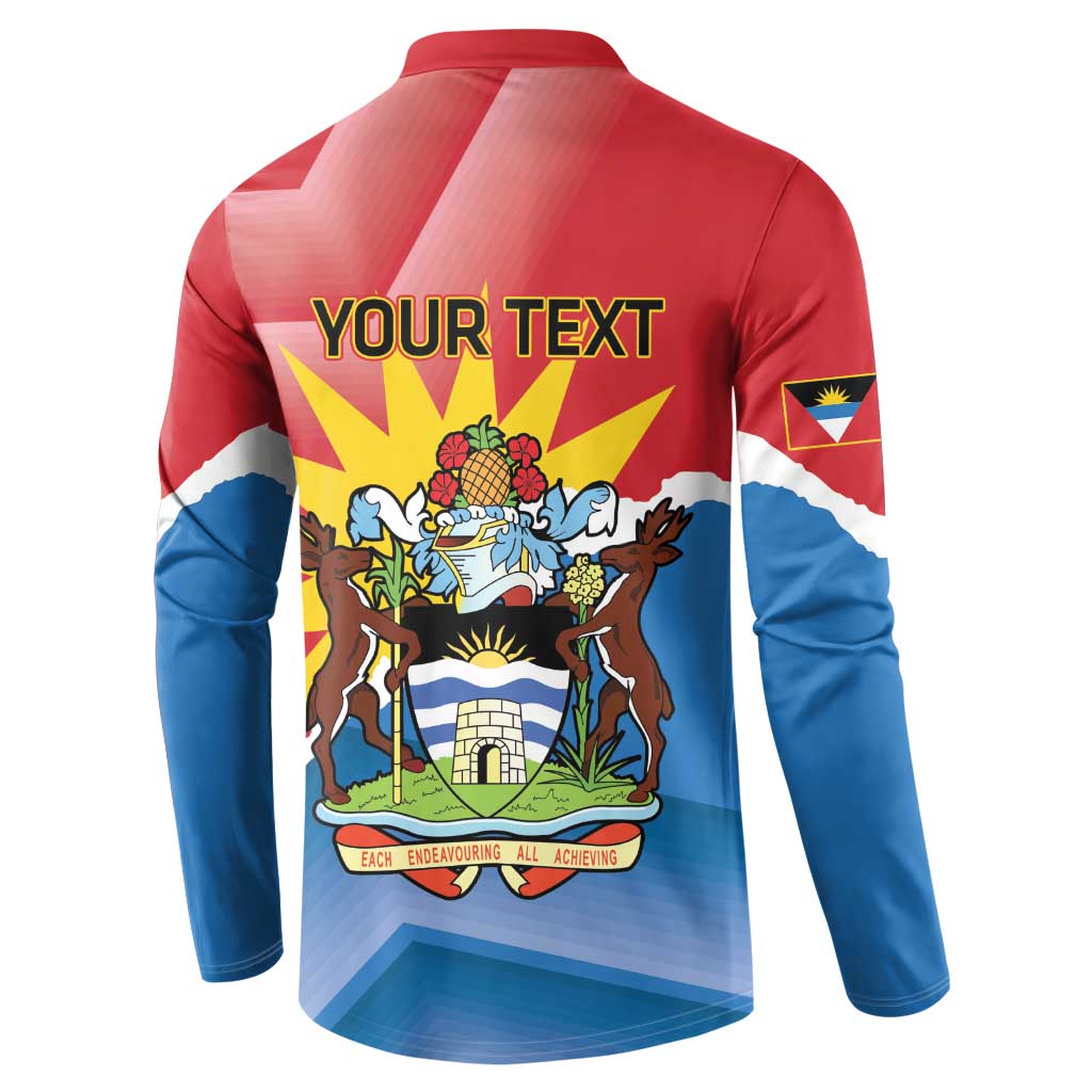 Red and blue long-sleeve sweatshirt back with 'YOUR TEXT' and Antigua crest graphic.