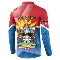 Red and blue long-sleeve sweatshirt back with 'YOUR TEXT' and Antigua crest graphic.