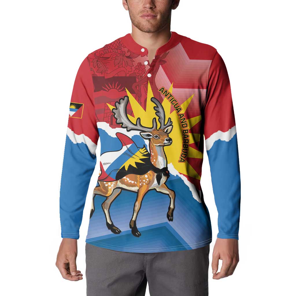 Red and blue long-sleeve button sweatshirt with Antigua flag graphic and antelope mascot.