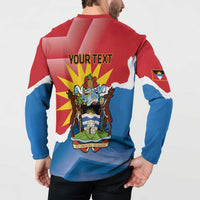 Model wearing red and blue sweatshirt back with 'YOUR TEXT' and Antigua crest graphic.
