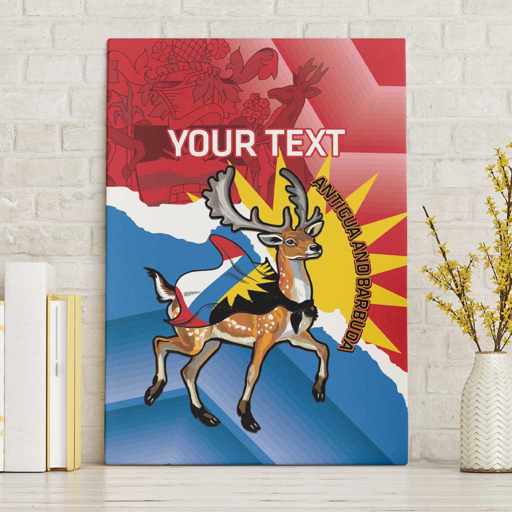 Personalized canvas wall art: fallow deer with Antigua flag in red, blue, and yellow, YOUR TEXT