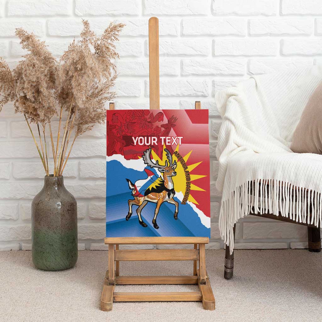 Fallow deer canvas wall art with Antigua flag colors, held on wooden easel, YOUR TEXT