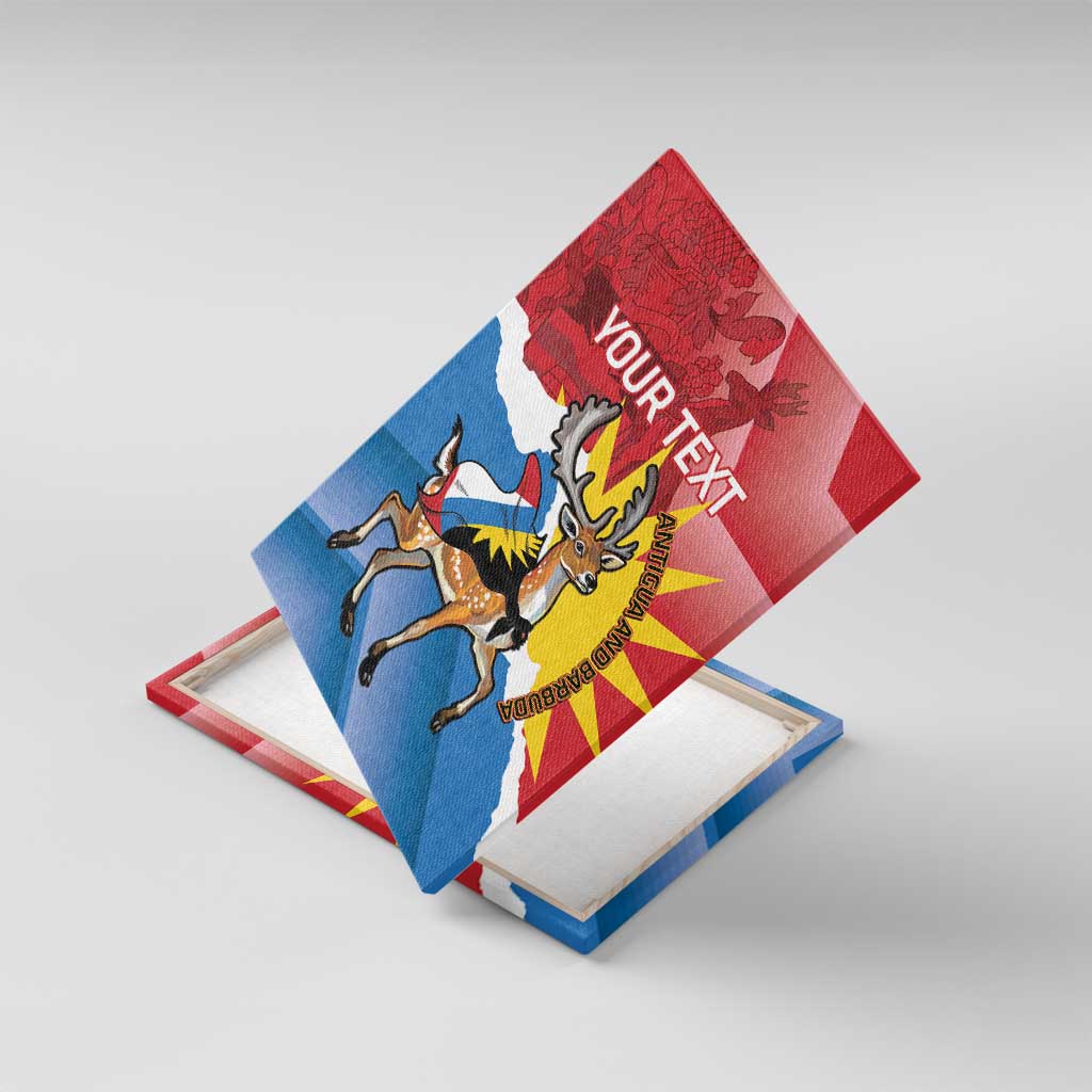 Personalized canvas wall art featuring fallow deer and Antigua flag, diagonal view, YOUR TEXT
