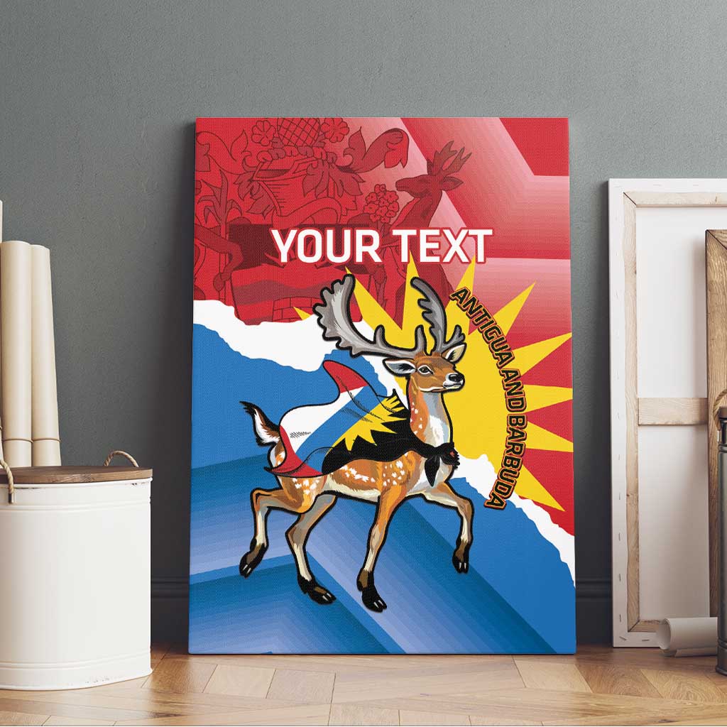 Canvas wall art of fallow deer on Antigua flag background in red, blue, and yellow, YOUR TEXT