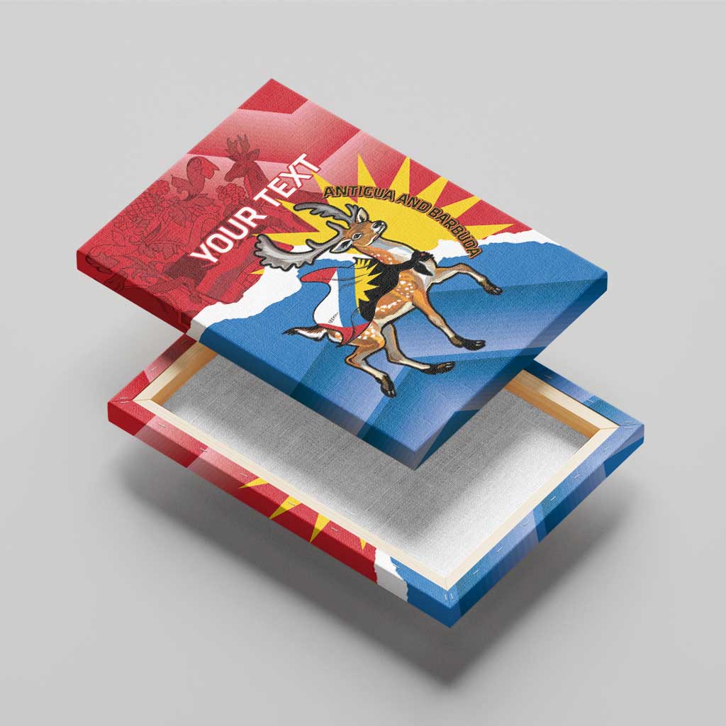 Fallow deer canvas wall art with Antigua flag rays in red and blue; YOUR TEXT, angled view
