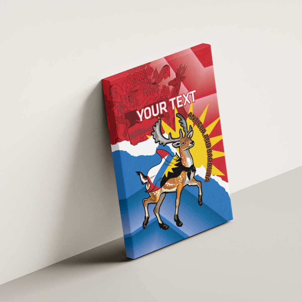 Fallow deer canvas wall art with Antigua flag in red, blue, and yellow, white 'YOUR TEXT'