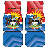 4-piece car mats: two Antigua flag deer fronts and two blue chevron backs, red 'YOUR TEXT'