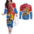 Personalised Antigua and Barbuda Independence Day Couples Matching Off The Shoulder Long Sleeve Dress and Long Sleeve Button Shirt Fallow Deer With Flag