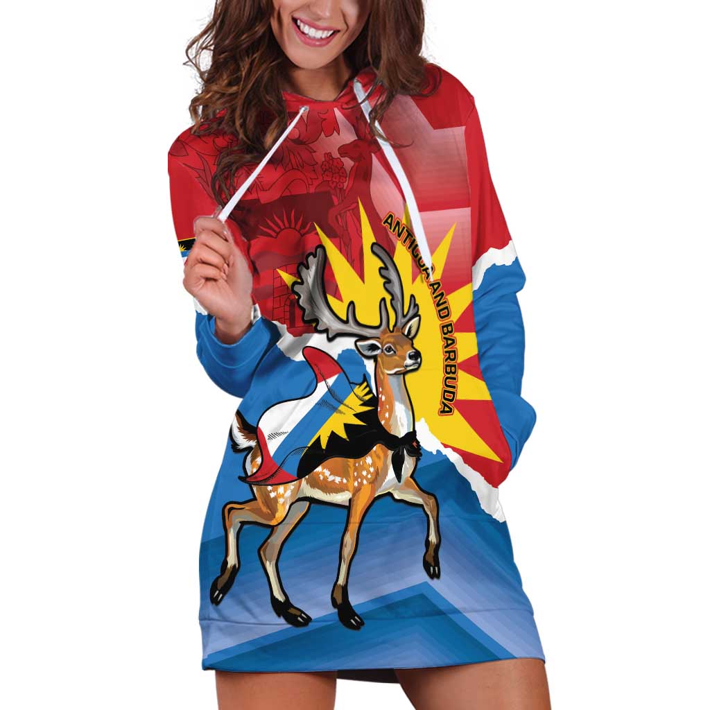 Personalised Antigua and Barbuda Independence Day Hoodie Dress Fallow Deer With Flag - Wonder Print Shop