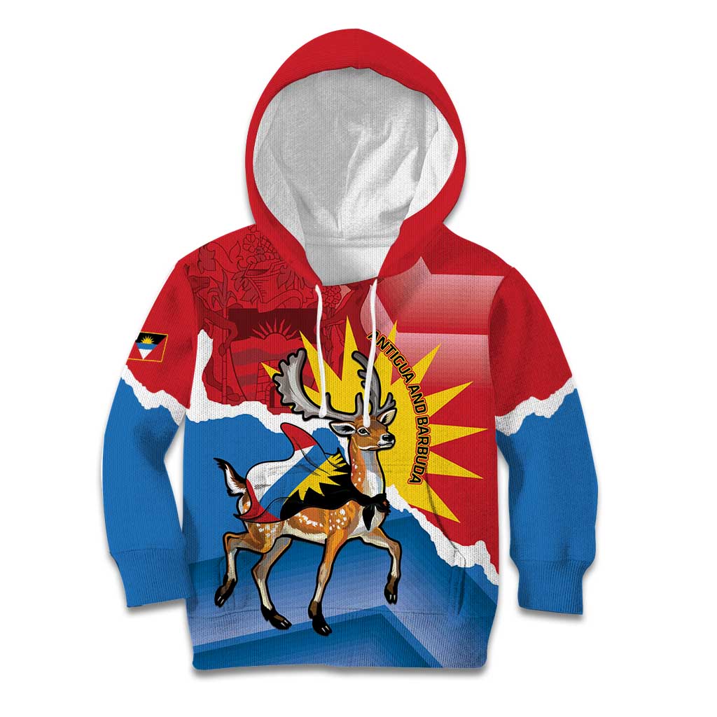 Personalised Antigua and Barbuda Independence Day Kid Hoodie Fallow Deer With Flag - Wonder Print Shop