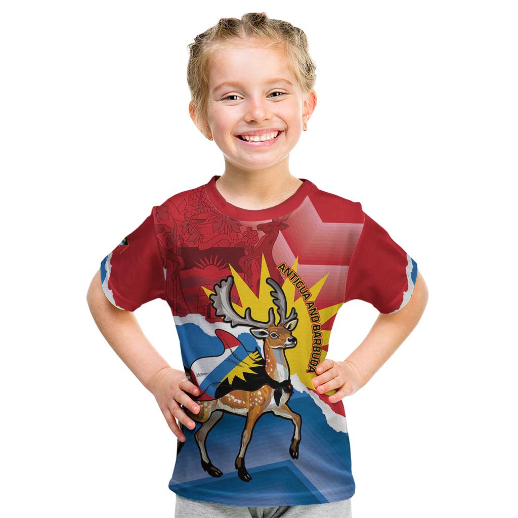 Personalised Antigua and Barbuda Independence Day Kid T Shirt Fallow Deer With Flag - Wonder Print Shop