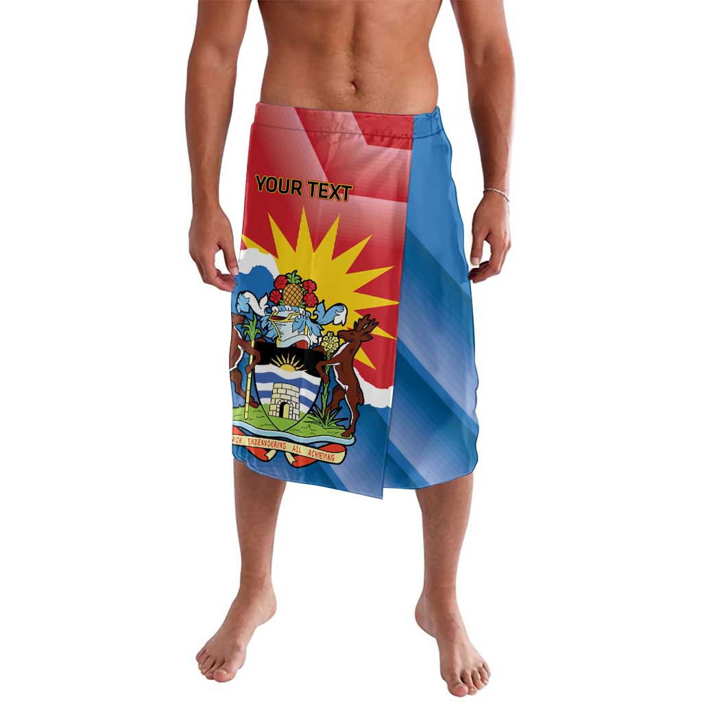 Red and blue Independence Day printed lavalava with Antigua flag emblem and text