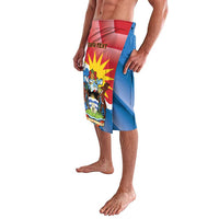 Red and blue Independence Day lavalava with Antigua flag graphic and text, side view