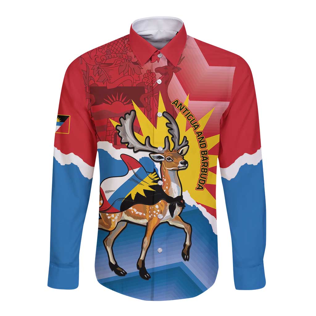 Unisex red long-sleeve button shirt with deer graphic, Antigua flag, front view