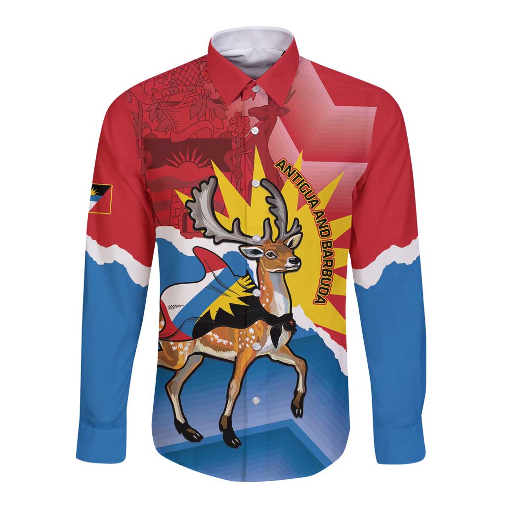 Personalised Antigua and Barbuda Independence Day Long Sleeve Button Shirt Fallow Deer With Flag - Wonder Print Shop