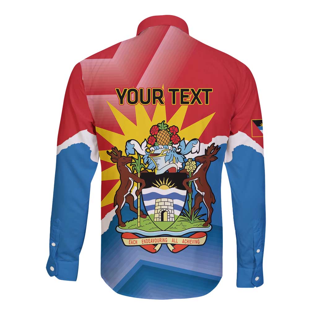 Unisex red long-sleeve button shirt with deer crest and Antigua flag graphic, back view