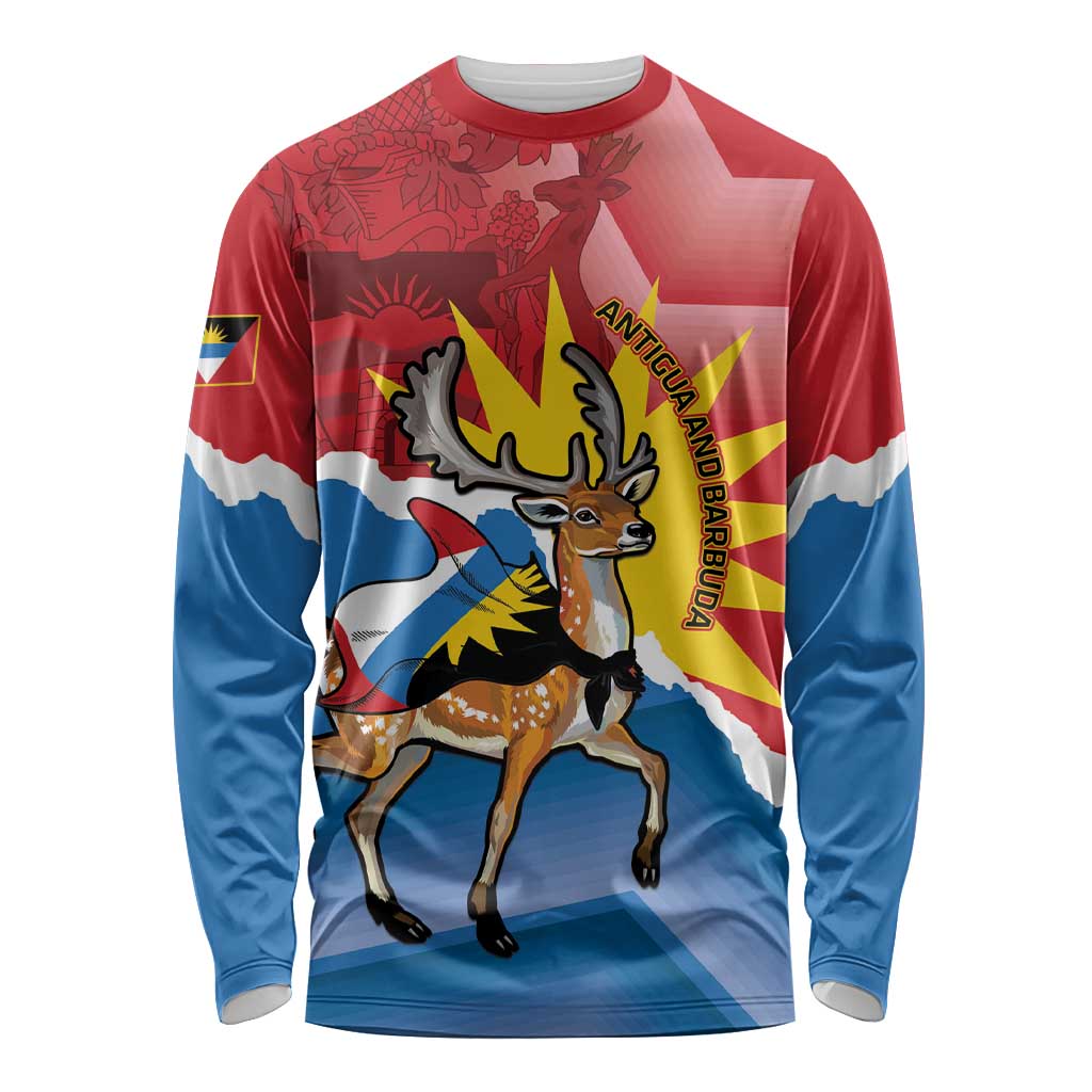 Personalised Antigua and Barbuda Independence Day Long Sleeve Shirt Fallow Deer With Flag - Wonder Print Shop